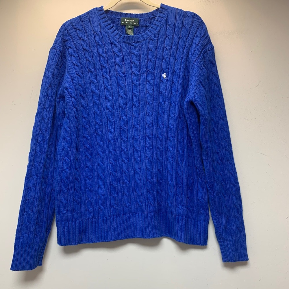 Lauren Ralph Lauren Sweater Womens Large Blue Excellent Cable Knit Cotton Crew